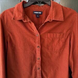 Lands’ End Women’s Corduroy Shirt L Rust Orange Fine Wale Fall Layering